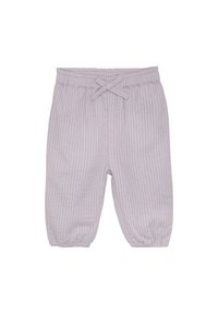 Lichtpaarse gestreepte zachte katoenen broek met een elastische tailleband, een trekkoord en geraffineerde manchetten bij de enkels.