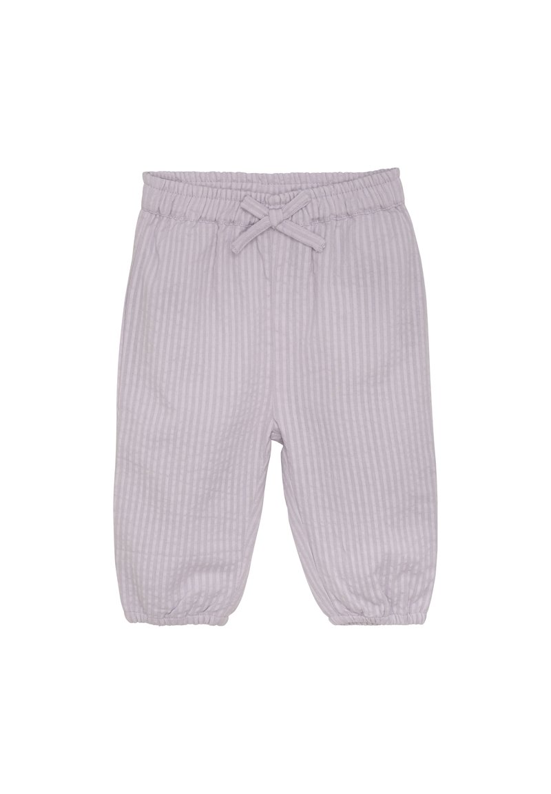Lichtpaarse gestreepte zachte katoenen broek met een elastische tailleband, een trekkoord en geraffineerde manchetten bij de enkels.