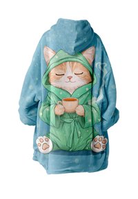 Tirkīza krāsas mīkstā haja ar karikatūras kaķi zaļā apģērbā, kas tur krūzi. Iespējas ietver kapuci un ķepu nospiedumus uz piedurknēm.