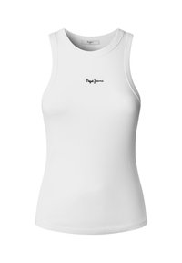 Witte geribbelde tanktop met een ronde halslijn en mouwloos ontwerp. Heeft een klein zwart "Pepe Jeans" logo geborduurd aan de voorkant.