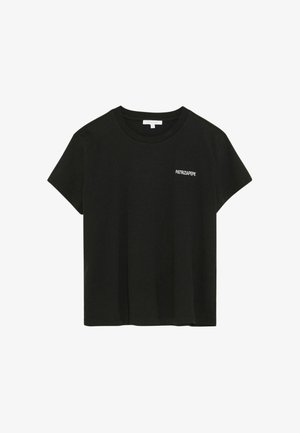 Sort bomulds T-shirt med rund halsudskæring og korte ærmer. Har en hvid "PATRIZIA PEPE" logo på venstre bryst. Glat tekstur.