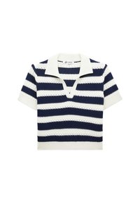 Polo a maniche corte in maglia con righe orizzontali blu navy e bianche, dotato di colletto a coste e modelli testurizzati dispersi in tutta la superficie.