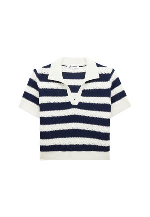 Polo de punto de manga corta con rayas horizontales en azul marino y blanco, que presenta un cuello acanalado y patrones texturizados en toda la prenda.