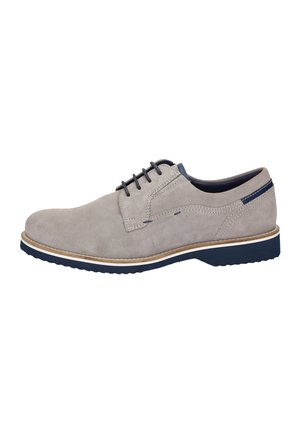 Graue Wildleder-Schuh mit blauen Akzenten, Schnürdesign, runde Zehenform und einer kontrastierenden hellen Sohle. Strukturierter Oberstoff für Langlebigkeit.