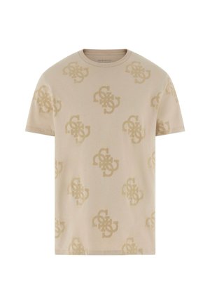 Camiseta de algodón beige con un patrón de logotipos tonales repetidos, mangas cortas y un diseño clásico de cuello redondo. Textura suave y corte relajado.