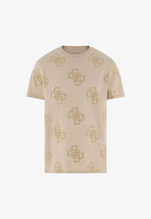 Beige puuvillane T-särk, millel on korduv tonalne logo muster, lühikesed varrukad ja klassikaline ümar kaelus. Pehme tekstuur ja mugav lõige.