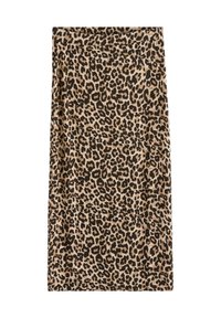 Leopardmönstrad kjol i tan och svarta toner; gjord av mjukt tyg med rak silhuett och en midjeresår upptill.
