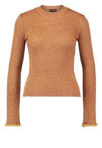 Brązowy prążkowany sweter z długimi rękawami, okrągłym dekoltem i żółtymi falbankami przy mankietach. Wykonany z teksturowanego, błyszczącego materiału.