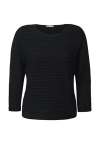 Schwarzer Strickpullover mit strukturiertem, geripptem Design. Verfügt über einen Rundhalsausschnitt und Dreiviertelärmel. Schlichte und vielseitige Form.