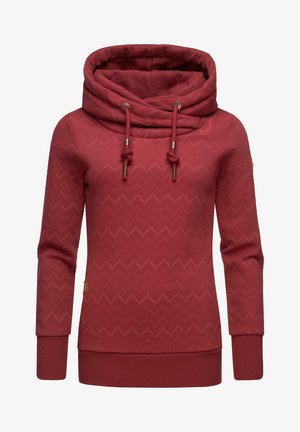 Sudadera con capucha roja de manga larga con patrón de chevron, gran cuello vuelto con cordones ajustables y puños y dobladillo acanalados.