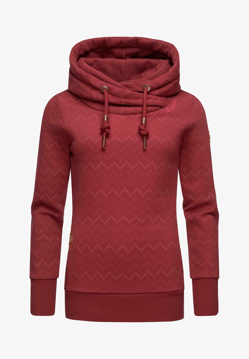 Hoodie rouge à manches longues avec motif chevron, large col roulé avec cordons de serrage réglables, et poignets et ourlet côtelés.