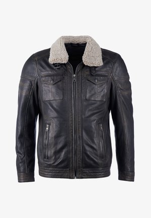 Schwarze Lederjacke mit Kragen aus Kunstschaffell, Reißverschluss vorne, zwei Brusttaschen und zwei Seitentaschen mit Reißverschluss. Glatte Textur, lässige Passform.