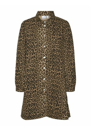 Lietussarga ar leopardu rakstu, brūnā un melnā krāsā, ar apkakli un sudraba pogām priekšā, kā arī garām piedurknēm.