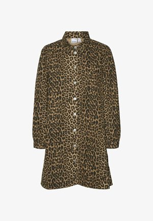 Leopard print shirt dress in shades of brown and black, featuring a collar and silver button closures along the front and long sleeves.