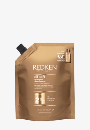 Uzupełniająca saszetka szamponu nawilżającego Redken All Soft z olejkiem arganowym, 500 ml, przeznaczona do suchych, łamliwych włosów i o zrównoważonym pH.