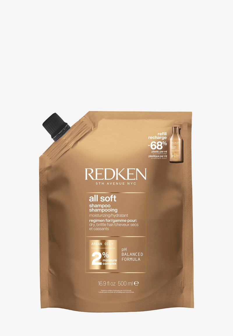 Recharge de shampooing hydratant Redken All Soft à l'huile d'argan, 500 ml, conçue pour cheveux secs et cassants avec une formule au pH équilibré.