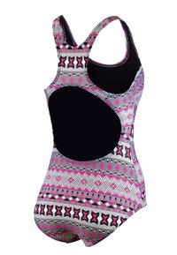 Maillot de bain avec un motif géométrique en rose, noir et gris. Fabriqué en matériau extensible, avec des bretelles larges et un panneau arrière noir.