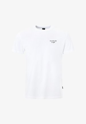 Witte T-shirt met ronde hals en korte mouwen, met kleine zwarte tekst "Freu dich nicht zu spät" op de linkerborst, effen stijl.