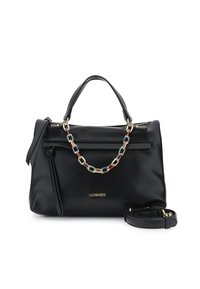 Borsa a tracolla nera in pelle con doppio manico superiore, cinturino rimovibile, tasca frontale con zip e un accentuato multi-colore a catena.