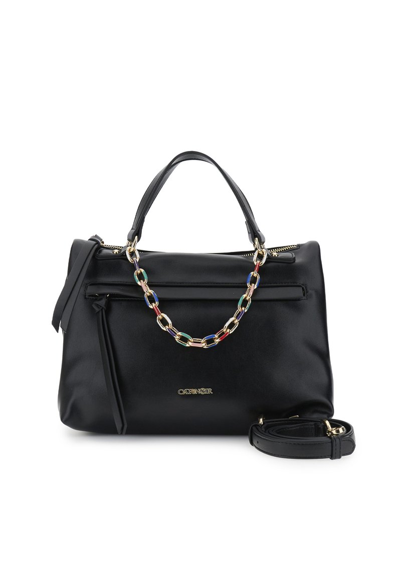 Borsa a tracolla nera in pelle con doppio manico superiore, cinturino rimovibile, tasca frontale con zip e un accentuato multi-colore a catena.