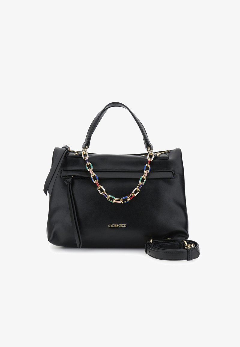 Borsa a tracolla nera in pelle con doppio manico superiore, cinturino rimovibile, tasca frontale con zip e un accentuato multi-colore a catena.