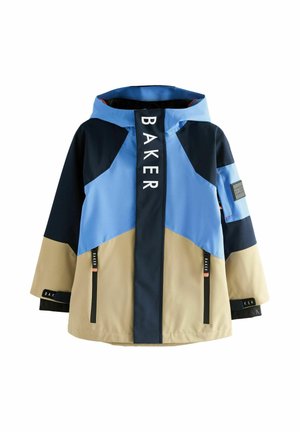 Kleurvolle, waterdichte jas met een blauw, marineblauw en beige colorblock ontwerp. Inclusief een capuchon, ritszakken en logo-accenten.