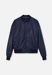 Marineblauwe bomberjack van leer, met een ritssluiting aan de voorkant, Gereputeerde manchetten en zijzakken. Soepele textuur met een getailleerd ontwerp.