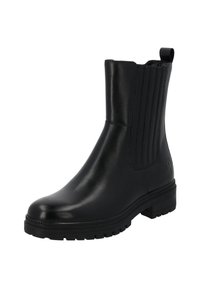 Botas negras hasta el tobillo hechas de cuero suave, con paneles elásticos verticales, lengüeta de agarre y suela de goma texturizada. Punta redondeada y tacón bajo.
