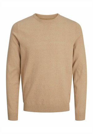Beige sweater met lange mouwen en ronde hals, voorzien van geribbelde manchetten en zoom, gemaakt van een zachte gebreide stof.
