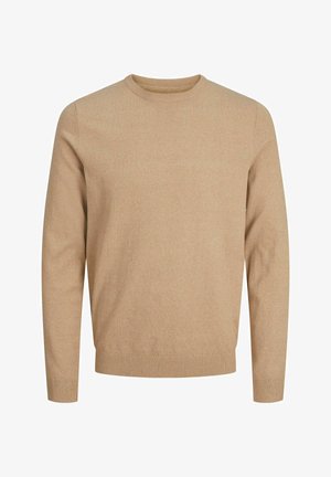 Pull beige à manches longues avec col rond, poignets et ourlet côtelés, confectionné dans un tissu tricoté doux.