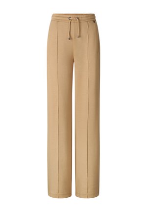 Beige Sweatpants mit weitem Bein, elastischem Bund, Kordelzug, vorderen Nahtdetails und Seitentaschen.