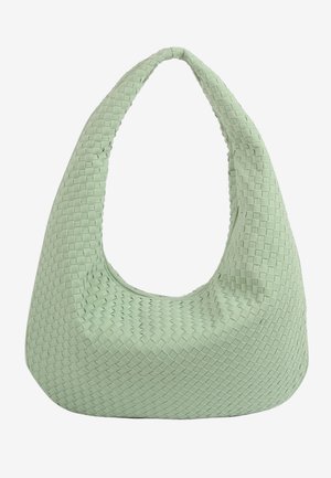 Pehme mintunvihreä käsilaukku, jossa kudottu nahkapinta ja pyöreä kahva, suunniteltu olkapäällä kannettavaksi.