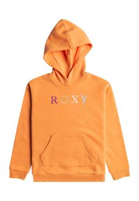 Felpa arancione con cappuccio, dotata di tasca frontale e stampa multicolore con la scritta "ROXY" sul petto.