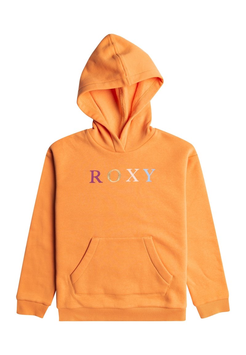 Felpa arancione con cappuccio, dotata di tasca frontale e stampa multicolore con la scritta "ROXY" sul petto.