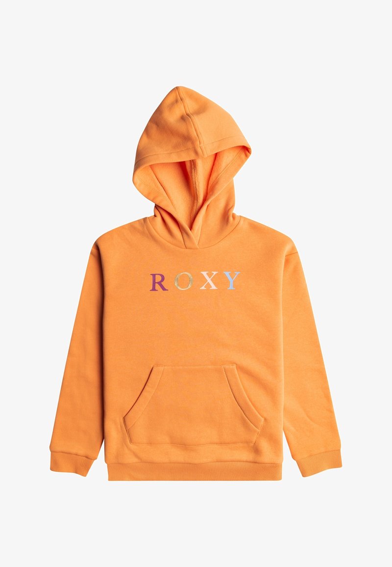 Felpa arancione con cappuccio, dotata di tasca frontale e stampa multicolore con la scritta "ROXY" sul petto.