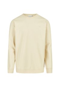 Beige long-sleeve sweatshirt made of soft cotton, featuring a ribbed neckline, cuffs, and a small embroidered logo on the chest.