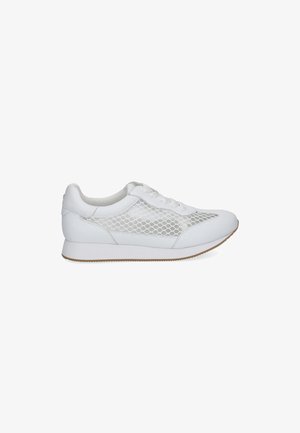 White low-top sneaker with mesh honeycomb side panels, lace-up closure, and a brown rubber sole, shown from the left side.