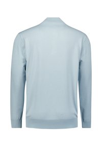 Lichtblauwe gebreide cardigan met lange mouwen, een ronde halslijn en een geribbelde zoom. Soepele textuur zonder patronen of aanvullende details.