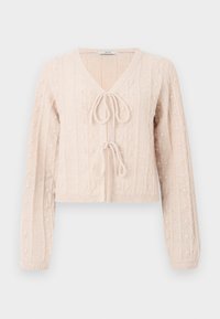 Cardigan court rose clair en tissu tricoté texturé, avec un décolleté en V et une fermeture à nouer à l'avant. Accentuée par des motifs en relief verticaux.