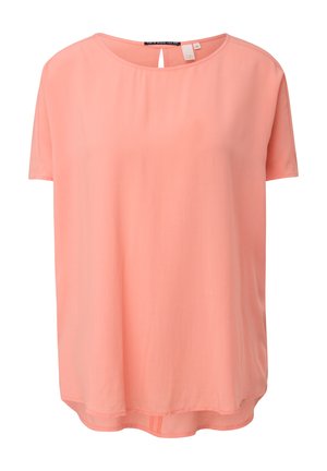 Pfirsichfarbende Bluse mit kurzen Ärmeln aus glattem Stoff, mit einem runden Ausschnitt und einer dezenten Schlüsselöffnung im Rücken.