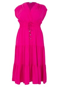 Fuchsia-Kleid mit V-Ausschnitt, kurzärmeligen Puffärmeln und Kordelzug in der Taille. Gestufter Rockdesign mit einem fließenden, leichten Stoff.