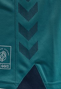 Tissu sarcelle avec des rayures chevrons bleu foncé au centre et un logo blanc avec le texte « GGI2 » et « NATURE » dans un carré sur le côté gauche.
