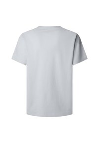 T-shirt gris clair uni à manches courtes, vu de dos sur un fond blanc.