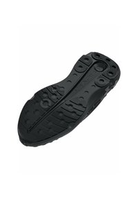 Zwarte rubberen zool met tekstuurpatronen, cirkelvormige grip en gleuven voor grip. Glad en flexibel materiaalontwerp.