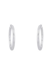 Silberne Creolen mit einer glatten, polierten Oberfläche; runde Form und einfacher Verschluss. Verfügen über ein schlankes, leichtes Design.