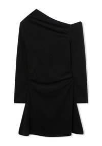 Czarna sukienka z asymetrycznym dekoltem, długimi rękawami i marszczonym boku. Wykonana z teksturowanej tkaniny z subtelnym połyskiem.