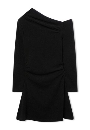 Abito nero con scollatura asimmetrica, maniche lunghe e dettaglio arricciato sul lato. Realizzato in tessuto testurizzato con una leggera brillantezza.