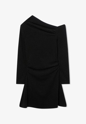 Abito nero con scollatura asimmetrica, maniche lunghe e dettaglio arricciato sul lato. Realizzato in tessuto testurizzato con una leggera brillantezza.