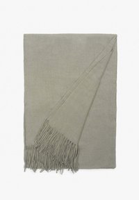Zachte, lichtgroene deken met een gladde textuur en franjes aan één kant, rechthoekige vorm, gemaakt van een lichtgewicht materiaal.