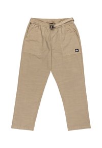 Beige cotton pants with an elastic waistband, belt loops, and two side pockets. Features a small brand logo on the left pocket.